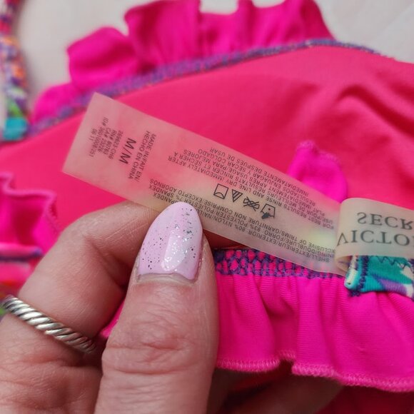 VICTORIA’S SECRET Y2K Smocked Bikini Top Pink Ruffle Trim Bandeau M - Picture 4 of 7